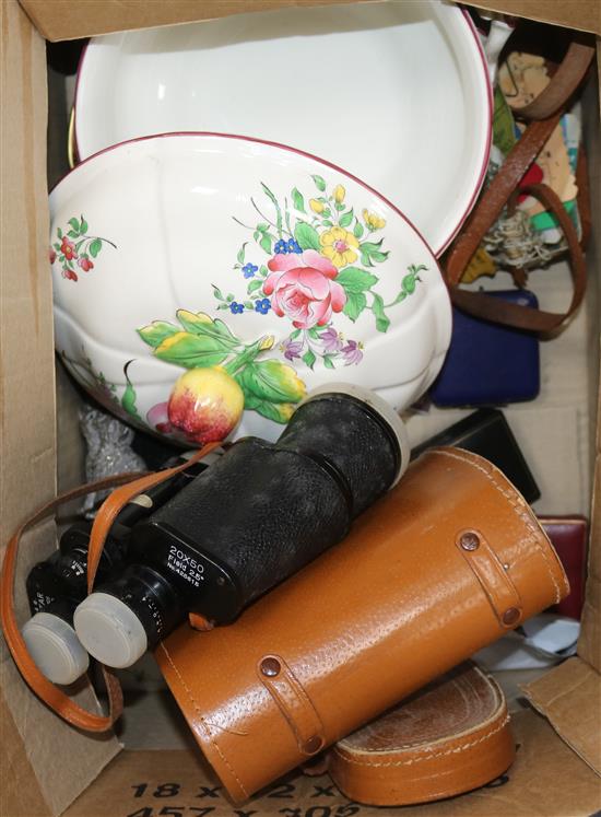 A quantity of mixed collectables including china, coins, binoculars and books